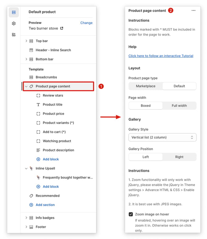 Accessing the Product Page Content settings